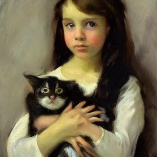 Image similar to “ dark haired girl holding a kitten, very detailed, oil painting, portrait, dark background, by john singer sargent ”