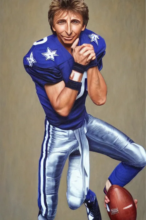 Prompt: Barry Manilow as the Quarterback of the Dallas Cowboys, oil on canvas, intricate, portrait, 8k highly professionally detailed, HDR, CGsociety