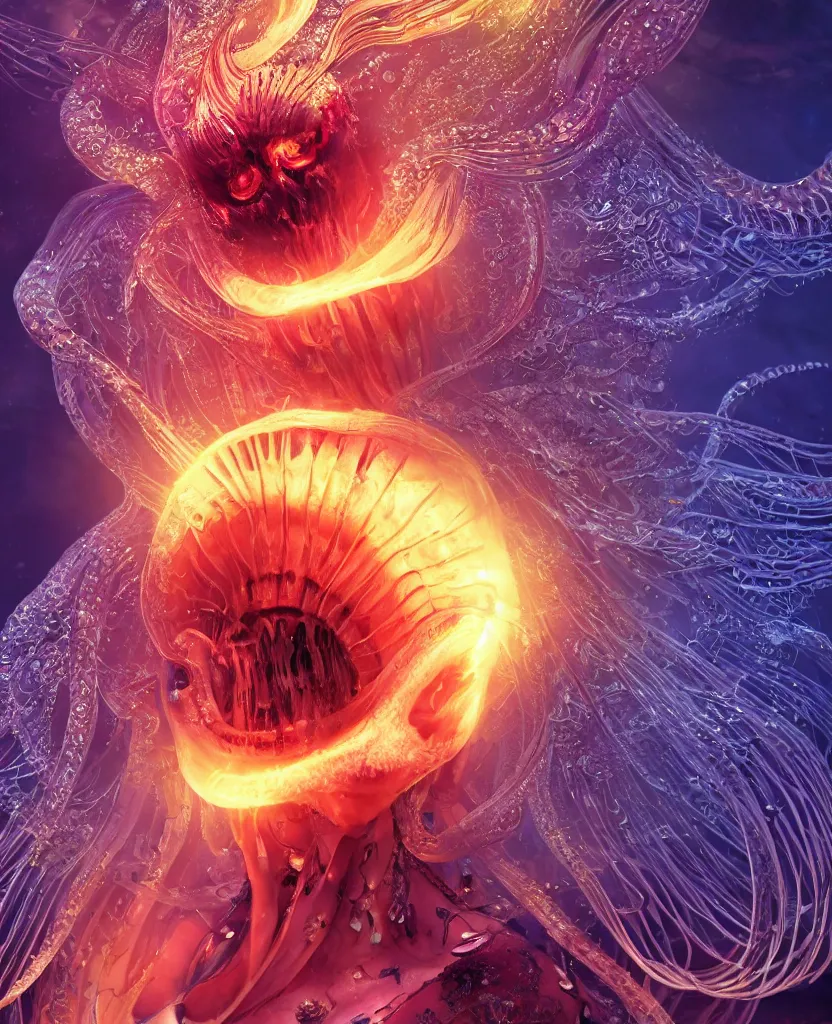 Image similar to close-up macro portrait of the face of a beautiful princess, epic angle and pose, symmetrical artwork, 3d with depth of field, blurred background, cybernetic jellyfish female face skull phoenix bird, translucent, nautilus, energy flows of water and fire. a highly detailed epic cinematic concept art CG render. made in Maya, Blender and Photoshop, octane render, excellent composition, cinematic dystopian brutalist atmosphere, dynamic dramatic cinematic lighting, aesthetic, very inspirational, arthouse. y Greg Rutkowski, Ilya Kuvshinov, WLOP, Stanley Artgerm Lau, Ruan Jia and Fenghua Zhong