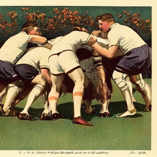 Image similar to 1920s full color illustraion by J.C. Leyendecker of handsome male rugby players in a scrum on the field, rugby ball on the ground in between the handsome rugby players