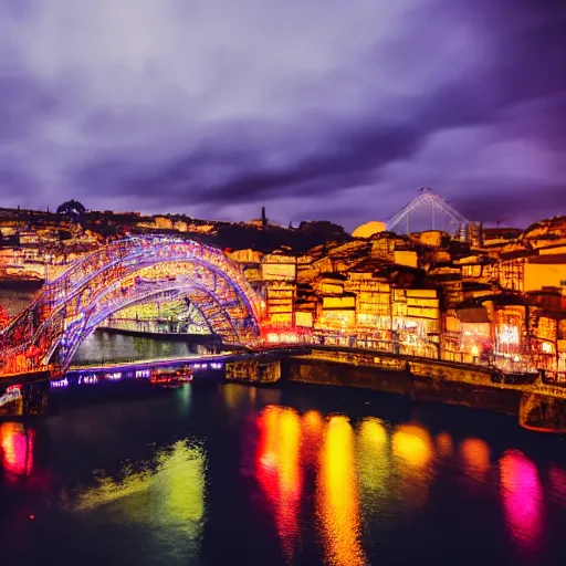 Prompt: cinematic shot of the city of Porto Portugal, with neon lights and flying cars