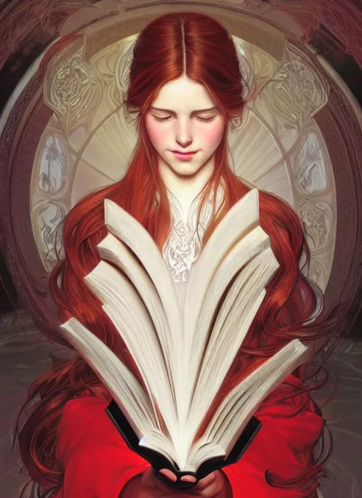 Image similar to perfectly - centered - portrait of a girl reading a book, white long hair with red motives, intricate, highly detailed, digital painting, artstation, concept art, smooth, sharp focus, illustration, unreal engine 5, 8 k, art by artgerm and greg rutkowski and alphonse mucha