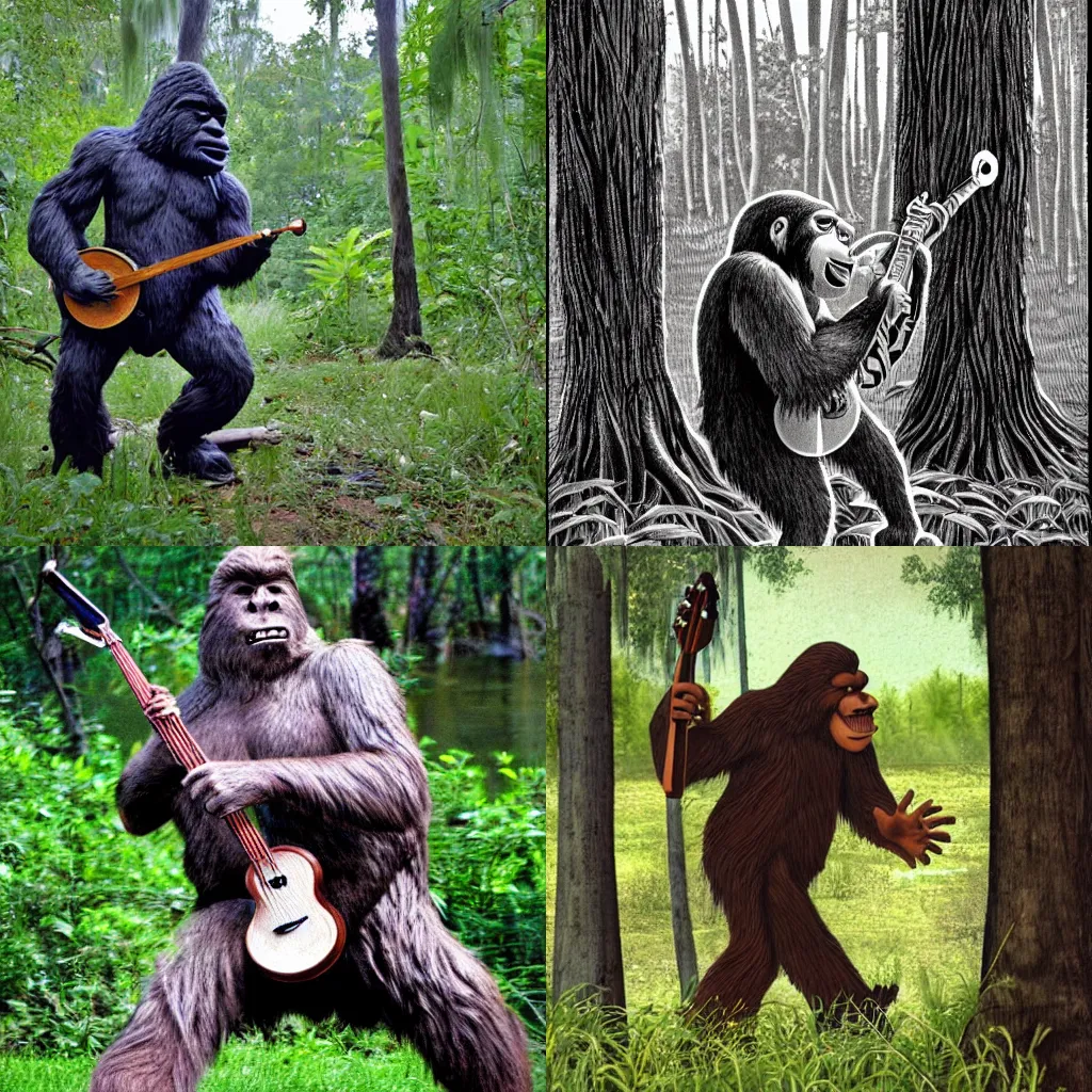 Prompt: bigfoot playing the banjo in the bayou