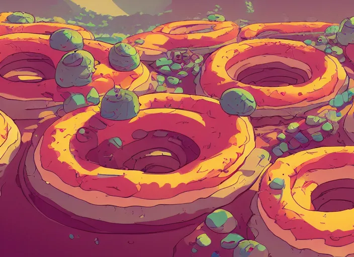 Image similar to concept art of a donut landscape made of donuts, cel shaded, in the style of makoto shinkai and moebius and peter mohrbacher and anton fadeev