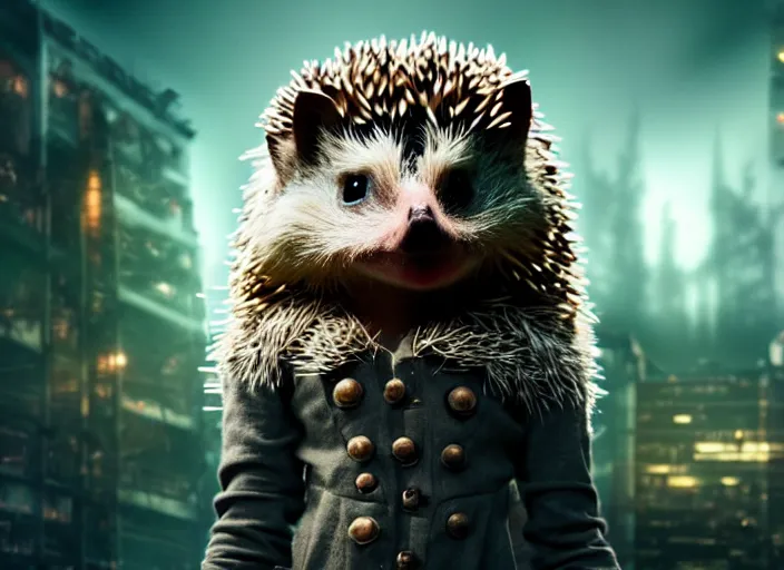 Image similar to portrait of a intricate hedgehog cyborg, on the background of a weird magical mechanical forest. Very detailed 8k. Fantasy cyberpunk horror. Sharp. Cinematic post-processing.