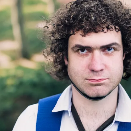 Image similar to close up headshot of a frowning clean shaven pudgy British lad with short curly dark brown hair as a hobbit wearing a white men's crossbody sling chest bag and blue vest, blue vest!! white crossbody chestbag!! high resolution film still, by Pamela Hanson