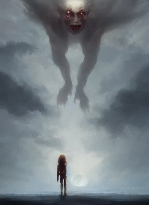 Image similar to a beautiful terrifying pale humanoid giant looms over a tiny human. ethereal fantasy art by greg rutkowski