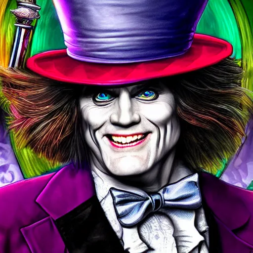 Image similar to Jim Carrey as mad hatter. epic game portrait. Highly detailed. D&D art by Michelangelo