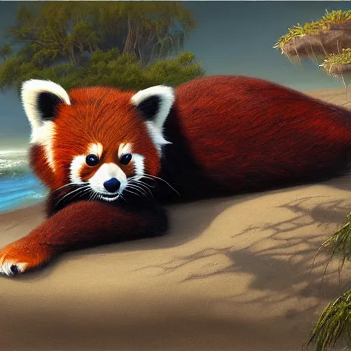 Image similar to commissioned artwork of a furry anthro red panda sunbathing on the beach, painted todd lockwood, jeff easley, greg rutkowski, james gurney, artgerm, digital art, trending on artstation