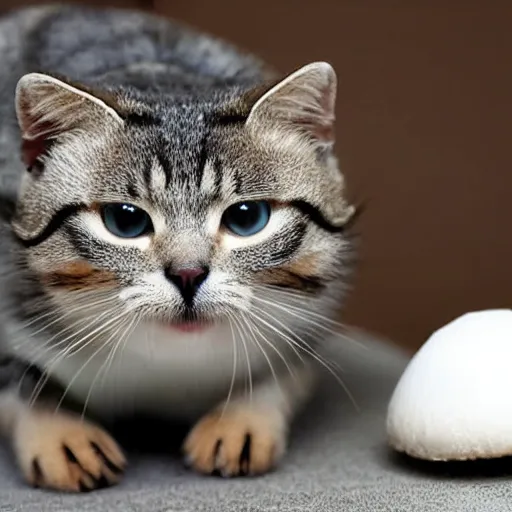 Image similar to a small domestic housecat with a white mushroom growing atop its head