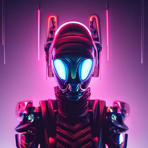 Image similar to wide shot, photo of a mantis head, a huge humanoid mantis-woman with a katana, in a heavy futuristic armour without a helmet, hyper realistic, hyper detailed, coherent photo, trending on artstation, cyberpunk, Japanese style, volumetric lightning, neon, electric colours, Cinematic, Dramatic, Film Grain, Kodak Portra, Depth of Field, 15 mm octane render, 4k, raytracing, blender