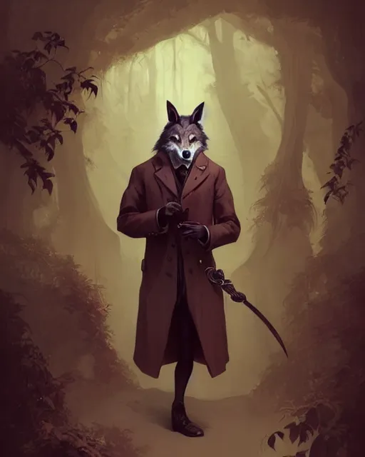 Prompt: anthropomorphic art of a detective wolf, victorian inspired clothing by artgerm, victo ngai, ryohei hase, artstation. highly detailed digital painting, smooth, global illumination, fantasy art by greg rutkowsky, karl spitzweg