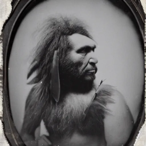 Prompt: daguerreotype of neanderthal with feather in hair