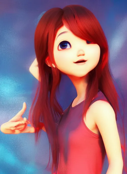 Prompt: a cute asian girl dancing, flowing red hair, blue shirt, in the style of pixar animation, full body shot, viewed from bellow, award winning, hyper detailed, studio lighting, artstation, octane renderer, unreal engine
