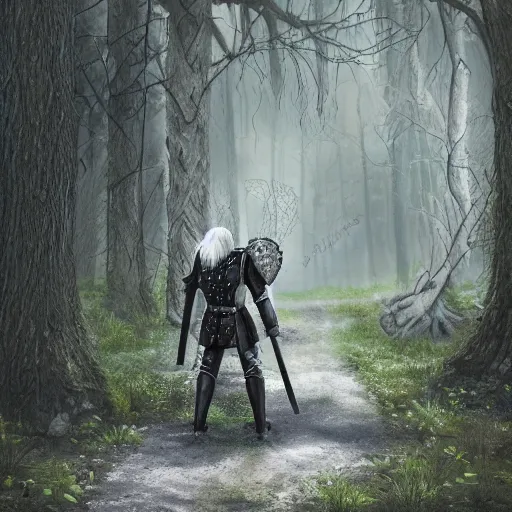 Prompt: Aging knight in black armor standing alone in a forest glade, no helmet, grey hair, Dungeons and Dragons, character portrait, colorful, hyper realism, 4k