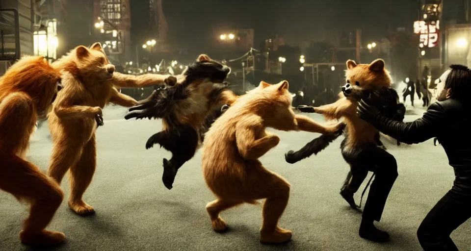 Image similar to still of nicolas cage beating up furry cosplayers, 4 k, 3 5 mm, choreographed fight scene, beautiful composition, shot by director park chan - wook