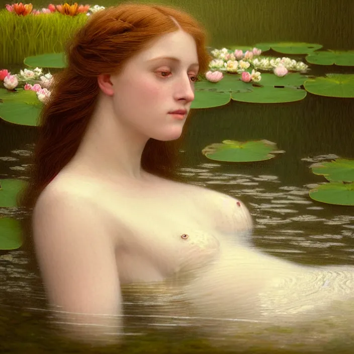 Image similar to Kodak Portra 400, 8K, soft light, volumetric lighting, highly detailed, britt marling style 3/4 ,portrait photo of a beautiful woman how pre-Raphaelites painter, the face emerges from the water of a pond with water lilies, in the pose of Ophelia Millais, a beautiful lace dress and hair are intricate with highly detailed realistic beautiful flowers , Realistic, Refined, Highly Detailed, natural outdoor soft pastel lighting colors scheme, outdoor fine art photography, Hyper realistic, photo realistic