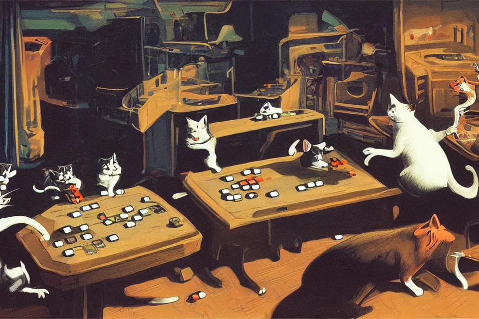 Image similar to 3 cats rolling dice with 3 rats, neon basement, by syd mead , john kricfalusi