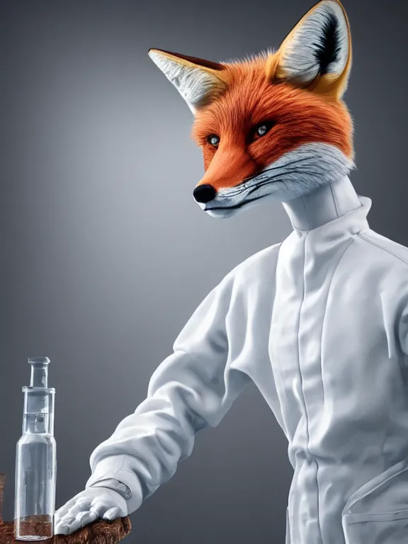 Image similar to a humanoid fox wearing a scientist white coat, chemicals on a white table in front of the fox, digital art, digital painting, masterpiece, anatomically correct, five fingers, cinematic, high coherence, realistic, high quality, highly detailed, 8 k, dramatic lighting, path traced, centered, high definition