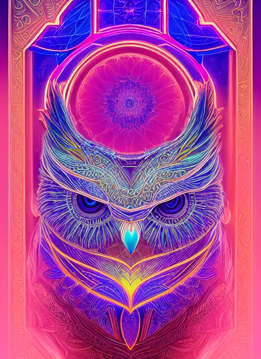 Image similar to symmetry!! product render poster vivid colors divine proportion owl, 神 圣, glowing fog intricate, elegant, highly detailed, digital painting, artstation, concept art, smooth, sharp focus, illustration,