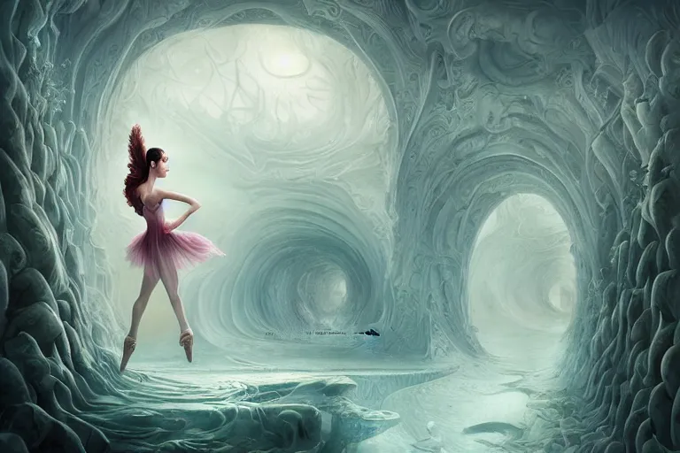 Image similar to beguiling epic stunning beautiful insanely detailed matte painting of a ballerina on an impossible path winding through arctic dream worlds with surreal architecture designed by heironymous bosch, structures inspired by heironymous bosch's garden of earthly delights, surreal ice interiors by cyril rolando and asher durand and natalie shau, whimsical, intricate