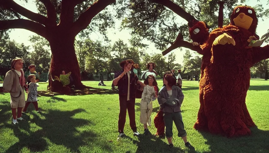 Prompt: 1990s candid photo of a beautiful day at the park, cinematic lighting, cinematic look, golden hour, large personified costumed tree people in the background, Enormous tree people mascots with friendly faces, kids talking to tree people, UHD