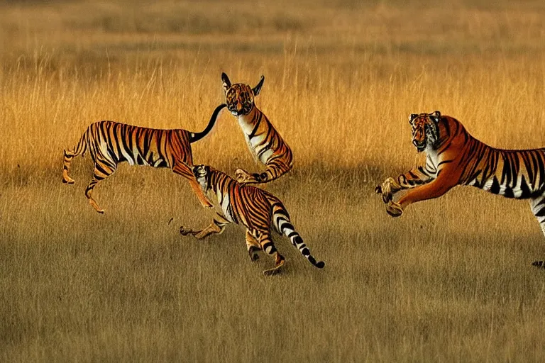 Prompt: 2 animals, one antelope and one tiger, the antelope is chasing the tiger golden hour, 6 0 0 mm, wildlife photo, national geographics