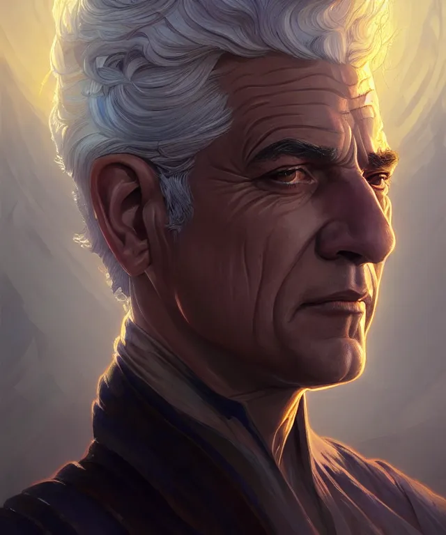 Image similar to Yair Lapid as a fantasy magic man portrait, sci-fi, amber eyes, face, fantasy, intricate, elegant, highly detailed, digital painting, artstation, concept art, smooth, sharp focus, illustration, art by artgerm and greg rutkowski and alphonse mucha