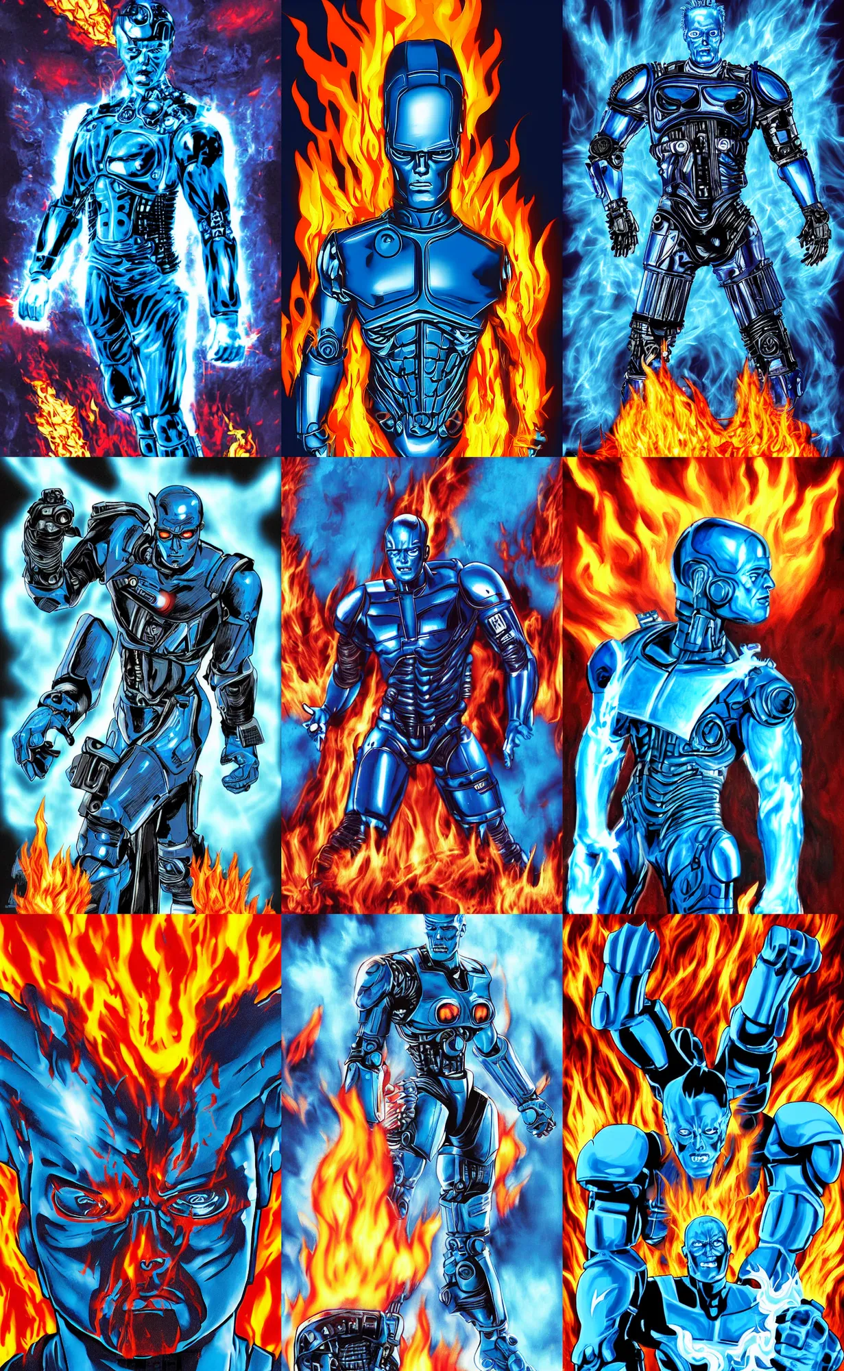 Prompt: comic book movie poster of a portrait blue terminator android surrounded by flames by gabz