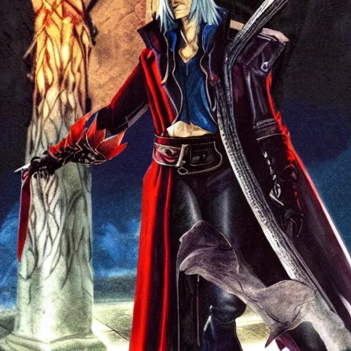 Image similar to Dante from Devil May Cry in Castlevania Symphony of the Night, highly detailed, illustration