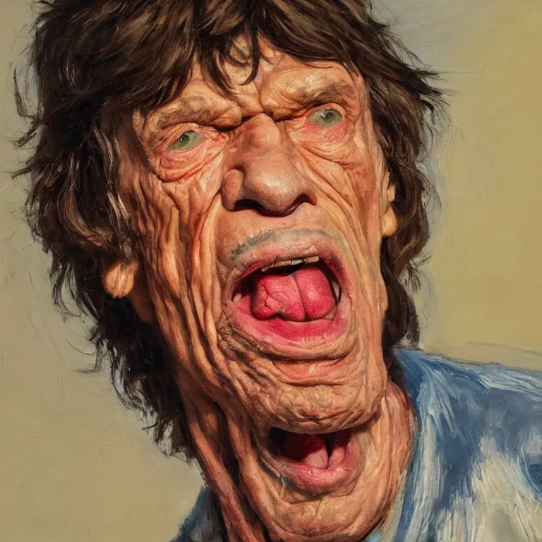 Image similar to warmly lit close up studio portrait of very old furiously angry!! Mick Jagger age 115 angrily singing, impasto oil painting thick brushstrokes by Cy Twombly and Elaine De Kooning , trending on artstation dramatic lighting Expressionism