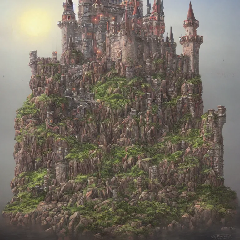 Image similar to large castle with towers by Wayne Barlow and catapults at dawn heading to the iceberg, highly detailed, painted by Wayne Barlow, Frank Lloyd Wright, trending on artstation