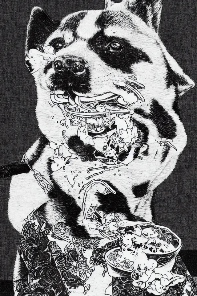 Image similar to a portrait of a shiba inu eating sushi, in the art style of shoihei otomo, realistic, highly detailed, b & w