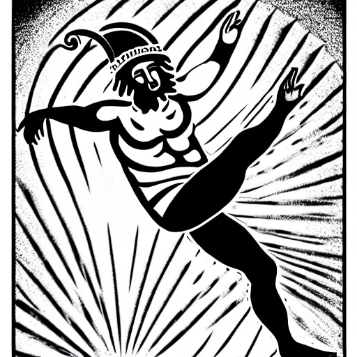 Image similar to Greek God Zeus breakdancing, wearing generic ancient greek clothing, Zeus is in black and white, the background color is blue, in the style of Alex Heywood and Minna Sundberg
