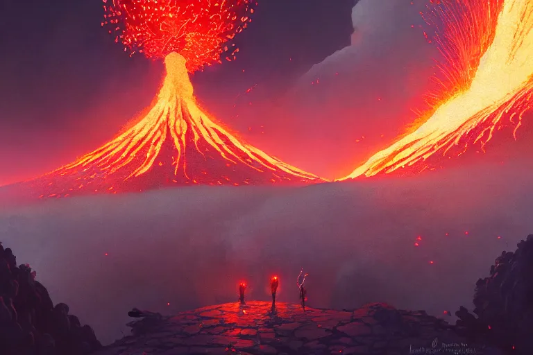 Image similar to lava, volcano eruption, cherry blossoms, unreal engine, fantasy art by greg rutkowski, loish, rhads, ferdinand knab, makoto shinkai and lois van baarle, ilya kuvshinov, rossdraws, tom bagshaw, global illumination, radiant light, detailed and intricate environment