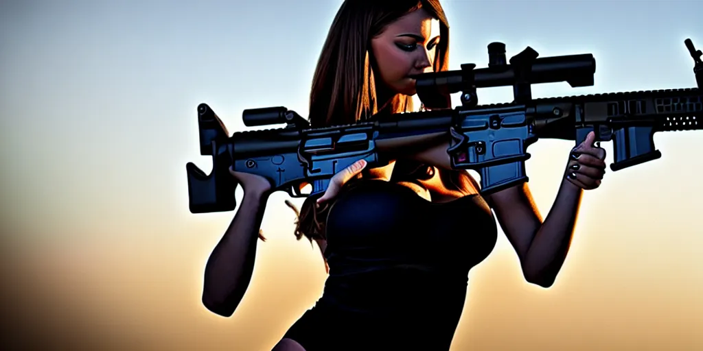 Image similar to hyperrealistic photo of a hot girl holding an ar - 1 5, 8 k