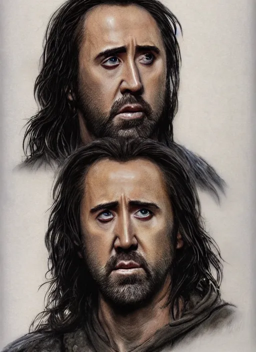 Prompt: portrait of nicolas cage as aragorn, action shot, strider, king elessar, by alan lee, lord of the rings, smooth, detailed terrain, oil painting, matte painting, concept art, trending on artstation, promotional artwork, film still, elegant, photorealistic facial features, intricate, detailed face, cinematic lighting