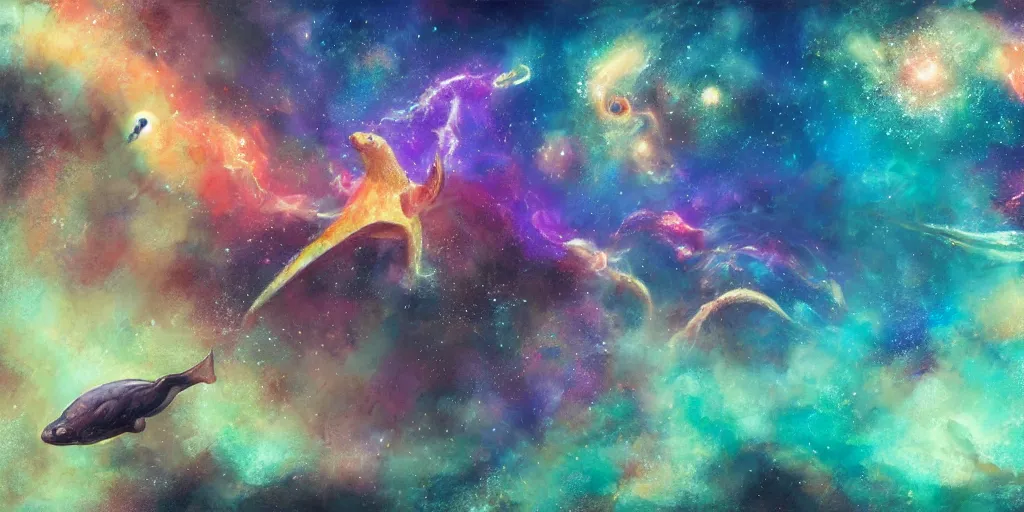 Prompt: painting of sea creatures swimming through space, sea turtles, sting rays whales, colorful nebulas, planets, 8 k resolution in the style of artem demura, moebius