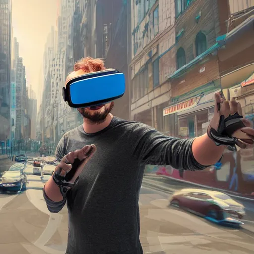 Image similar to funny Super hero wearing a virtual reality headset in big city, render, ray tracing