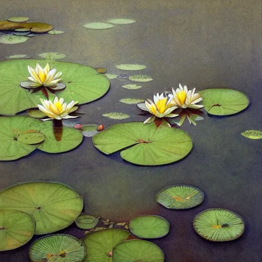 Image similar to Water Lillies in Pond, Watercolor, photorealistic, high resolution, award winning, trending on artstation, intricate, elegant, highly detailed, digital painting, artstation, concept art, smooth, sharp focus, illustration, art by artgerm and greg rutkowski and alphonse mucha