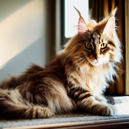 Prompt: portrait cream color maine coon cat curled up, bay window sofa, 8K, 4K, Blanchard Antoine, oversaturated lens flair, bokeh, sunbeam, UE5