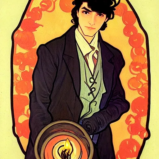 Image similar to painting of young cute handsome beautiful dark medium wavy hair man in his 2 0 s named shadow taehyung and cute handsome beautiful min - jun together at the halloween! party, bubbling cauldron!, candles!, smoke, autumn! colors, elegant, wearing suits!, delicate facial features, art by alphonse mucha, vincent van gogh, egon schiele