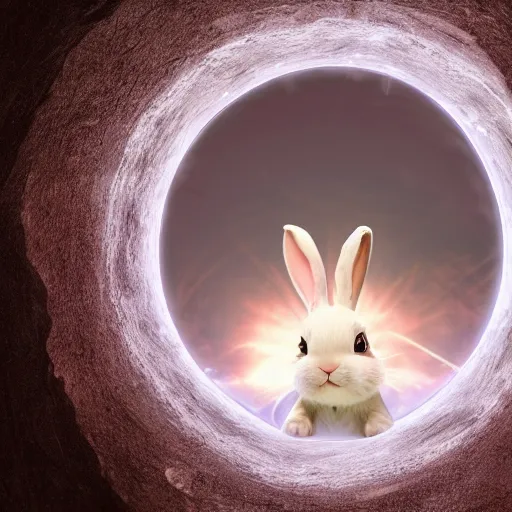 Image similar to photo of a cute bunny crossing dimensional portal , photorealistic, 4K