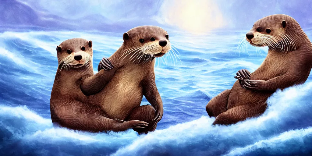 Image similar to adorable otters falling in love holding hands side by side, all alone in the middle of a scary storm at sea, fantasy illustration, cinematic, award winning, romantic, detailed trending on artstation, masterpiece