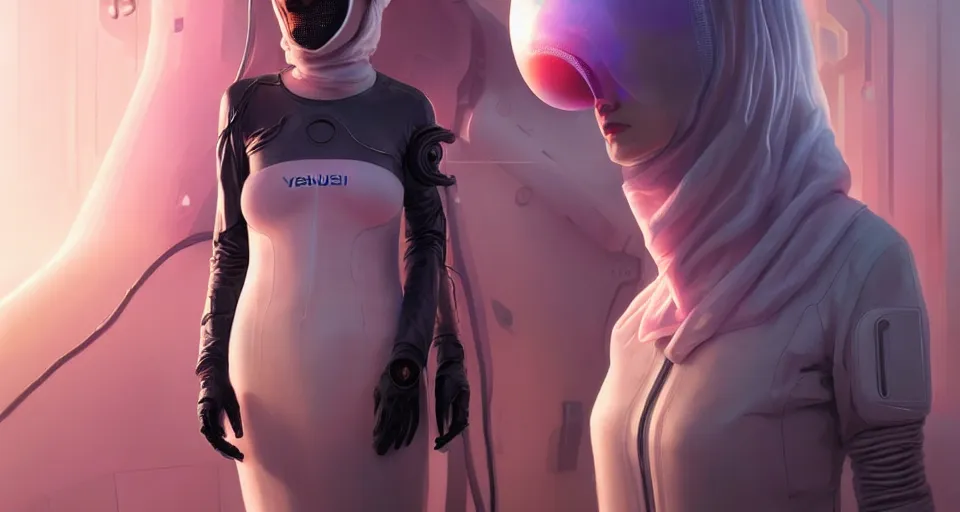 Prompt: portrait of yael shelbia and kang seul - gi, venus squid astronaut, burka, white hair, intricate design details. cyberpunk, rioter, by ruan jia, beeple and richard corben. smooth gradients, deep space.