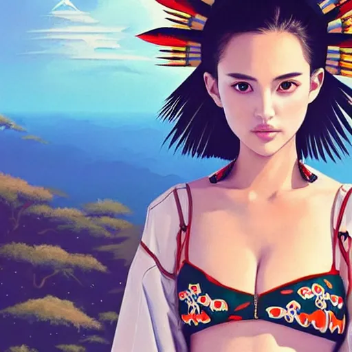 Image similar to a beautiful young japanese natalie portman alluring gravure model, stylized concept art, wearing elaborate oversized designer bomber jacket and one piece bikini, bulky bomber jacket with mesoamerican patterns, mesoamerican native street fashion, princess mononoke, painted by ilya kuvshinov aesthetic, gorgeous, stunning, alluring, attractive, artstation, pinterest, digital art