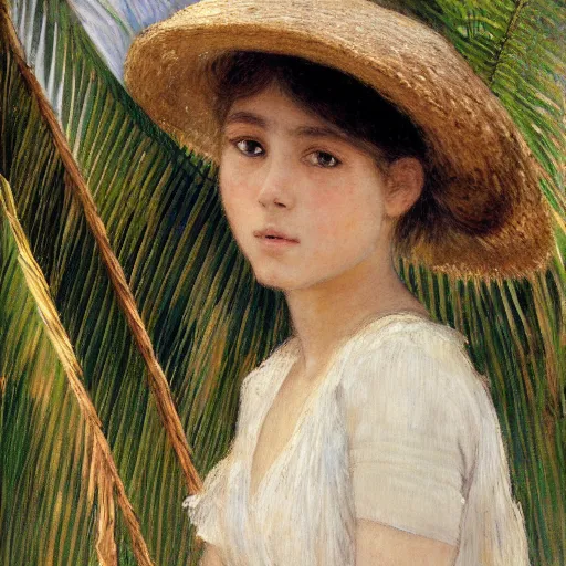 Image similar to a ultradetailed beautiful painting of a girl in the amazonas palace balustrade designed by jules bastien - lepage, hans belmer, frank weston and gustave baumann, beach, trending on artstation, mediterranean, palm trees, detailed face, sharp focus, soft light, 8 k 4 k