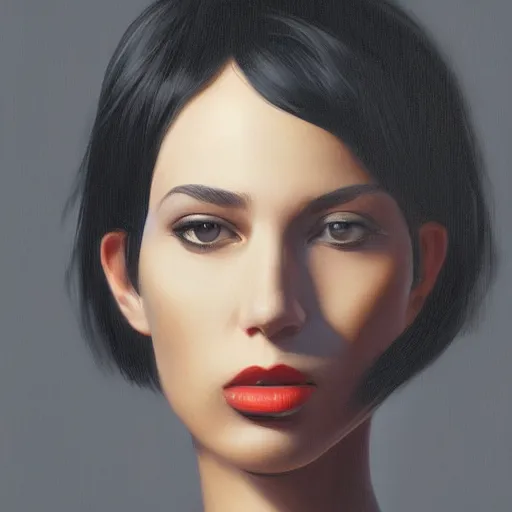 Image similar to portrait of beautiful woman, black short hair, by nick silva, ja mong, greg rutkowsky, digital, soft painting, photorealism