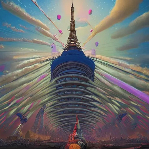 Prompt: kirov airship, with dramatic lighting, in the style of Moebius, dirigible, airship, blimp, t hyperrealism photography of Eiffer Tower covered with colorful mushrooms, cgi detailed, dramatic lighting, cgsociety, in style of photorealism artist, cinematic shot