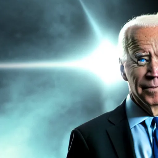 Image similar to joe biden as evil superman, beams coming out of his eyes.